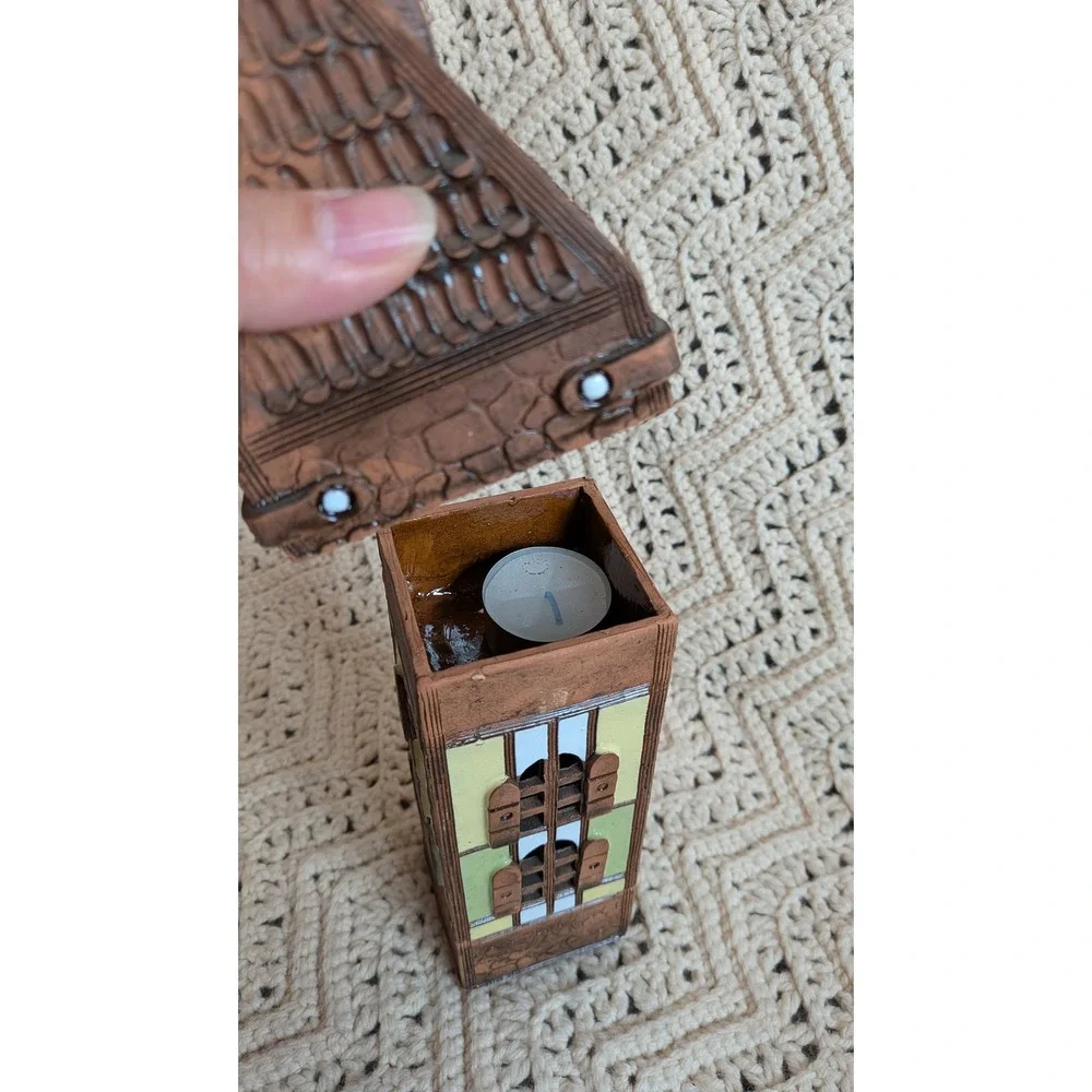 Vintage Lithuanian Handmade Clay Tower Tea Light‎ Candle Holder Village House